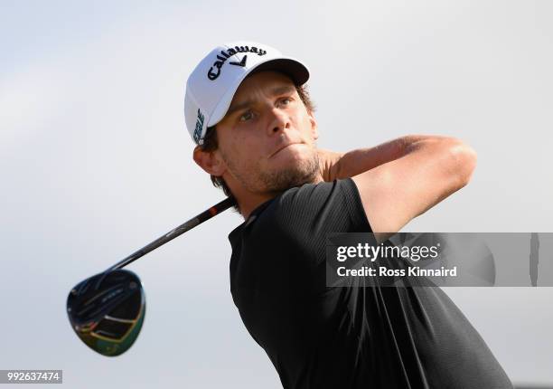 Thomas Pieters of Belgium tees off on the 17th hole during the second round of the Dubai Duty Free Irish Open at Ballyliffin Golf Club on July 6,...