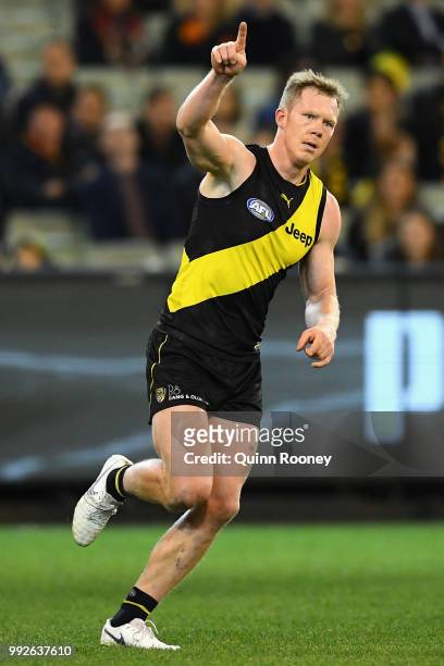 Jack Riewoldt of the Tigers celebrates kicking a goal during the round 16 AFL match between the Richmond Tigers and the Adelaide Crows at Melbourne...