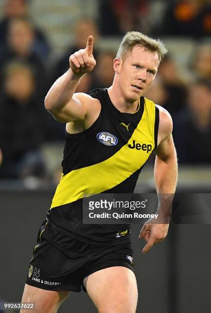 Jack Riewoldt of the Tigers celebrates kicking a goal during the round 16 AFL match between the Richmond Tigers and the Adelaide Crows at Melbourne...