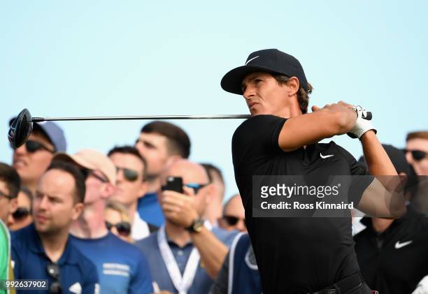 Thorbjorn Olesen of Denmark tees off on the 17th hole during the second round of the Dubai Duty Free Irish Open at Ballyliffin Golf Club on July 6,...