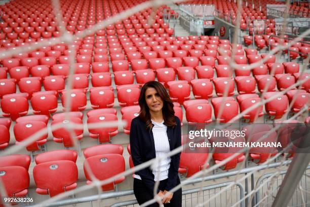 Alona Barkat, the owner of the football team Hapoel Beer Sheva, poses for a portrait during an interview at Turner Stadium in Beersheva on May 8,...