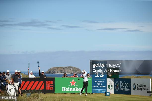 Joakim Lagergren of Sweden tees off on the 13 hole during the second round of the Dubai Duty Free Irish Open at Ballyliffin Golf Club on July 6, 2018...