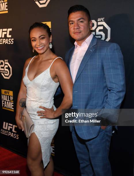 Mixed martial artist Michelle Waterson and her husband Joshua Gomez arrive at the UFC Hall of Fame's class of 2018 induction ceremony at Palms Casino...