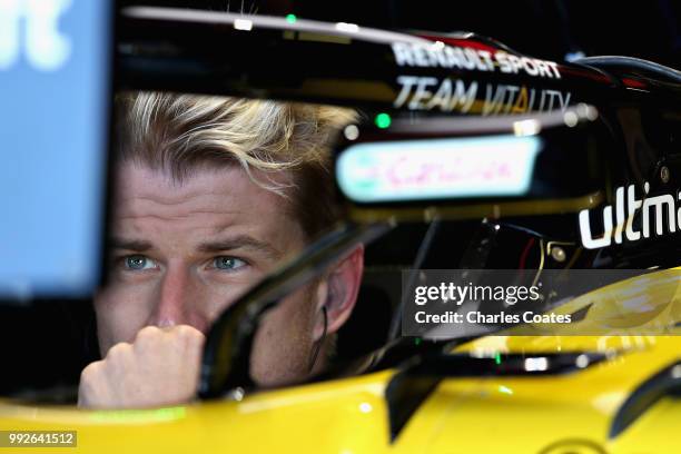 Nico Hulkenberg of Germany and Renault Sport F1 prepares to drive during practice for the Formula One Grand Prix of Great Britain at Silverstone on...