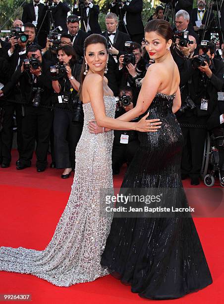 Eva Longoria Parker and Aishwarya Rai Bachchan attend the Premiere of 'On Tour' at the Palais des Festivals during the 63rd Annual International...