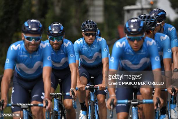 Spain's Mikel Landa pedals with his Spain's Movistar Team cycling team teammates during a training session on July 6, 2018 between Chemille-Melay and...