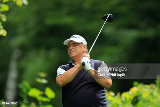 Costantino Rocca of Italy in action during Day One of the Swiss Seniors Open at Golf Club Bad Ragaz on July 6, 2018 in Bad Ragaz, Switzerland.