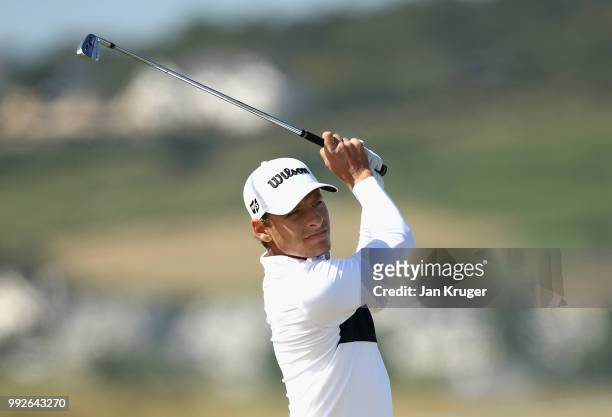 Joakim Lagergren of Sweden plays into the 11th green during the second round of the Dubai Duty Free Irish Open at Ballyliffin Golf Club on July 6,...
