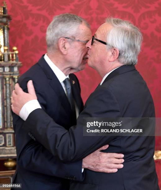 Austrian President Alexander Van der Bellen greets the President of the European Commission Jean-Claude Juncker before a meeting on July 6, 2018 in...