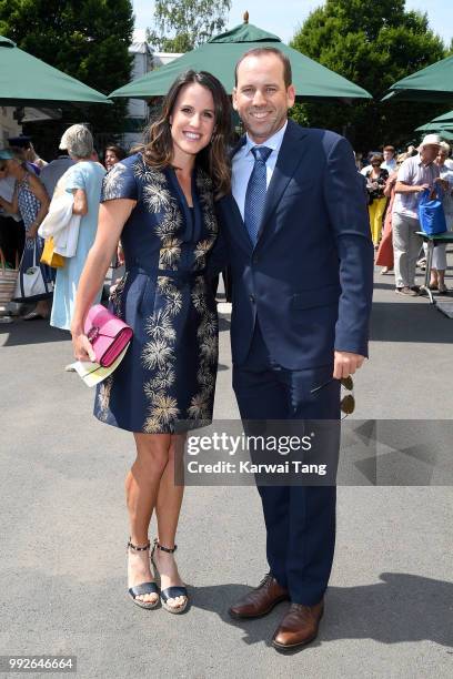 Sergio Garcia and wife Angela Akins Garcia attend day five of the Wimbledon Tennis Championships at the All England Lawn Tennis and Croquet Club on...