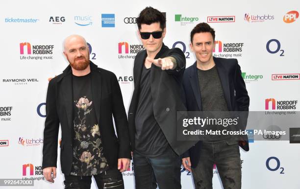 Mark Sheehan, Danny O'Donoghue and Glen Power of The Script attending the Nordoff Robbins O2 Silver Clef Awards 2018, held at Grosvenor House Hotel,...