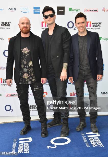 Mark Sheehan, Danny O'Donoghue and Glen Power of The Script attending the Nordoff Robbins O2 Silver Clef Awards 2018, held at Grosvenor House Hotel,...