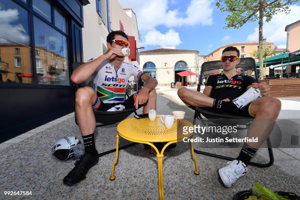 Daryl Impey of South Africa and Team Mitchelton-Scott / Adam Yates of Great Britain and Team Mitchelton-Scott / Team stopped for a coffee / during...