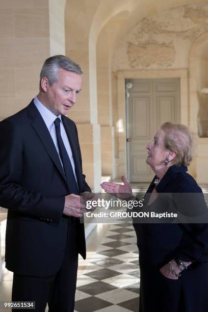 June 25 : the former secretary of state from Bill Clinton, Madeleine Albright with Bruno Le Maire are photographed for Paris Match at the Aspen...