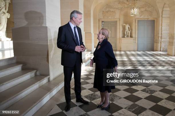 June 25 : the former secretary of state from Bill Clinton, Madeleine Albright with Bruno Le Maire are photographed for Paris Match at the Aspen...