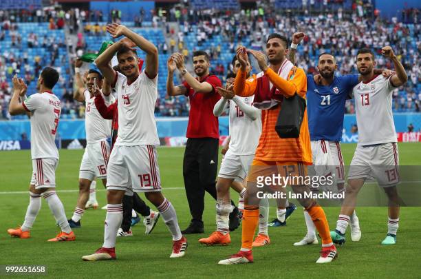 Iranian players celebrates at full time during the 2018 FIFA World Cup Russia group B match between Morocco and Iran at Saint Petersburg Stadium on...