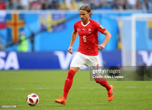 Michael Lang of Switzerland during the 2018 FIFA World Cup Russia Round of 16 match between Sweden and Switzerland at Saint Petersburg Stadium on...