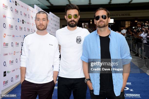 Dan Smith, Kyle Simmons and Will Farquarson of Bastille attend the Nordoff Robbins' O2 Silver Clef Awards at Grosvenor House, on July 6, 2018 in...