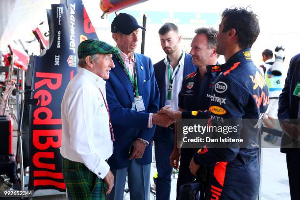 Daniel Ricciardo of Australia and Red Bull Racing, and Red Bull Racing Team Principal Christian Horner meet Sir Jackie Stewart and Prince Edward Duke...