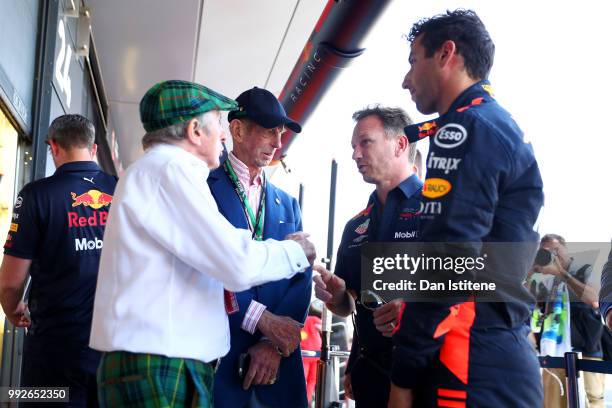 Daniel Ricciardo of Australia and Red Bull Racing, and Red Bull Racing Team Principal Christian Horner meet Sir Jackie Stewart and Prince Edward Duke...