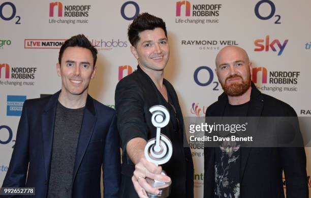Glen Power, Danny O'Donoghue and Mark Sheehan of The Script attend the Nordoff Robbins O2 Silver Clef Awards at The Grosvenor House Hotel on July 6,...