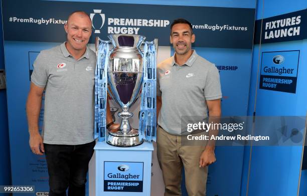 Schalk Burger and Alex Sanderson of Saracens are pictured during the announcement of the 2018-19 Gallagher Premiership Rugby fixtures at BT Tower on...