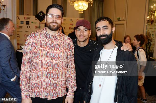 Piers Agget, Kesi Dryden and Amir Amor of Rudimental attend the Nordoff Robbins O2 Silver Clef Awards at The Grosvenor House Hotel on July 6, 2018 in...
