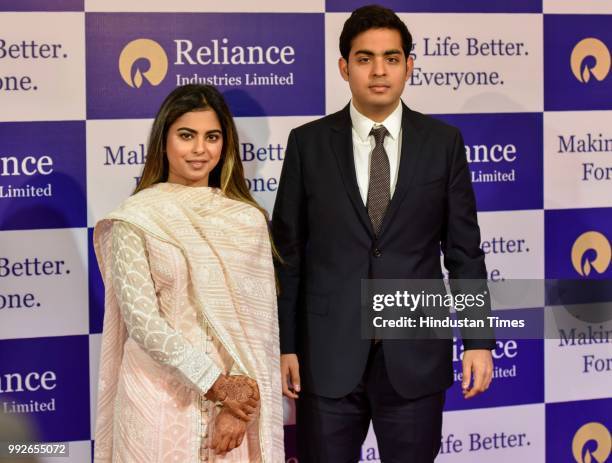 Isha and Akash Ambani during the Reliance Industries 41st Annual General Meeting at Birla Matoshree Hall, on July 5, 2018 in Mumbai, India. On...