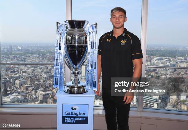 Josh Bassett of Wasps is pictured uring the announcement of the 2018-19 Gallagher Premiership Rugby fixtures at BT Tower on July 6, 2018 in London,...