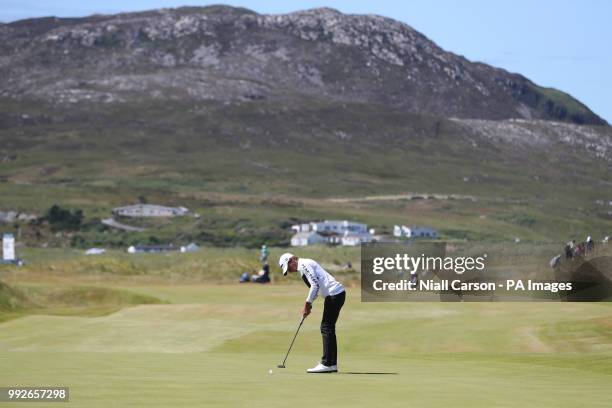 Joakim Lagergren on the 18th green during day two of the Dubai Duty Free Irish Open at Ballyliffin Golf Club.