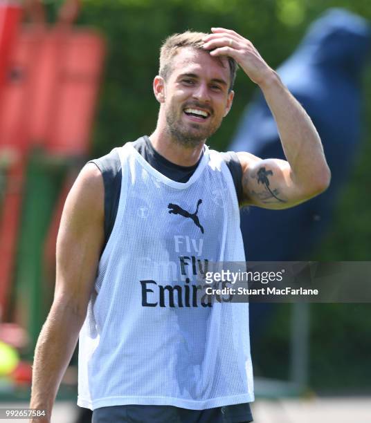 Aaron Ramsey of Arsenal during a training session at London Colney on July 6, 2018 in St Albans, England.