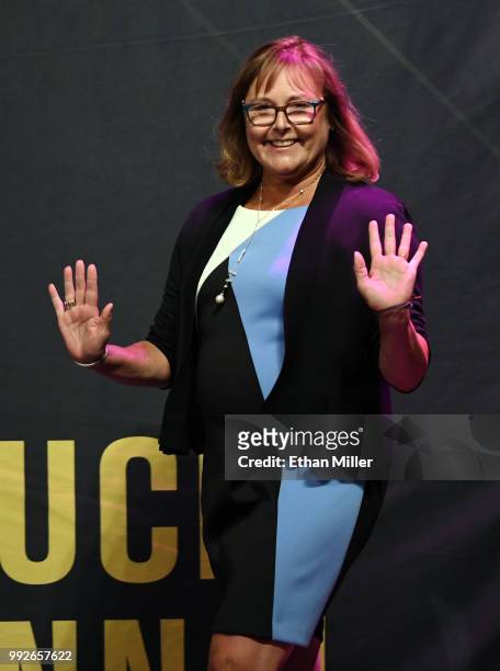 Karen Connal, widow of the late UFC producer Bruce Connal, walks onstage as Bruce Connal is inducted into the UFC Hall of Fame at The Pearl concert...