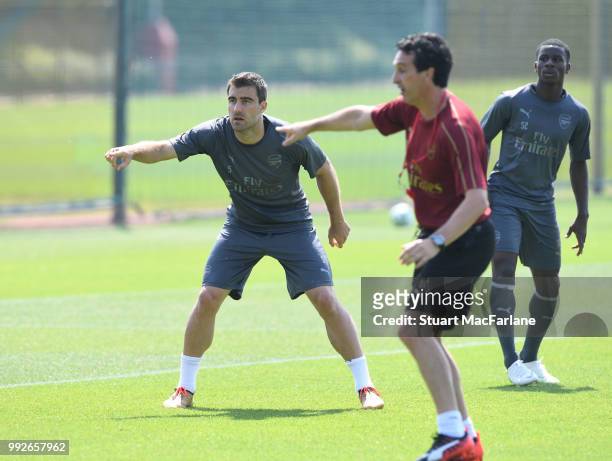 Sokratis of Arsenal during a training session at London Colney on July 6, 2018 in St Albans, England.