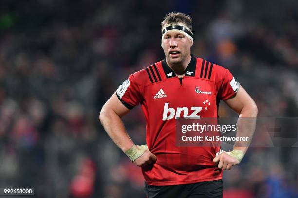 Wyatt Crockett of the Crusaders looks on during the round 18 Super Rugby match between the Crusaders and the Highlanders at AMI Stadium on July 6,...