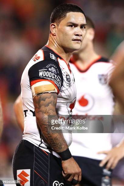 Issac Luke of the Warriors looks dejected during the round 17 NRL match between the Penrith Panthers and the New Zealand Warriors at Panthers Stadium...