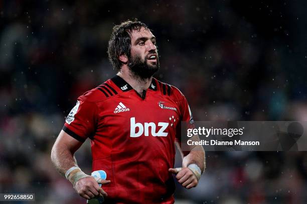 Sam Whitelock of the Crusaders looks on during the round 18 Super Rugby match between the Crusaders and the Highlanders at AMI Stadium on July 6,...