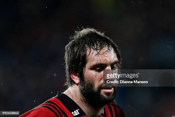 Sam Whitelock of the Crusaders looks on during the round 18 Super Rugby match between the Crusaders and the Highlanders at AMI Stadium on July 6,...
