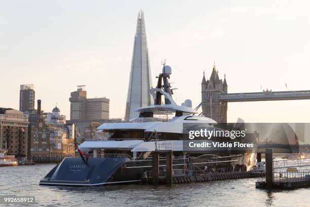 The brand new 74.5m long superyacht, Elandess is seen moored at HMS President on the River Thames on July 05, 2018 after making its maiden voyage to...