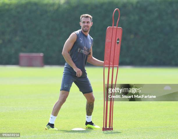 Aaron Ramsey of Arsenal during a training session at London Colney on July 6, 2018 in St Albans, England.