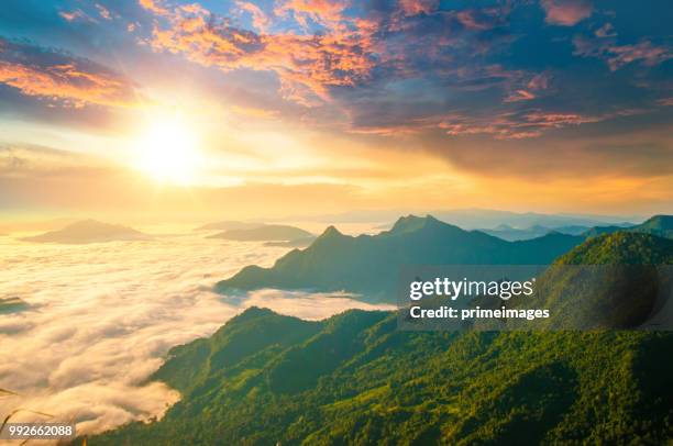 panoramic view sunrise and mist on mountain view at the north of thailand - chiang mai stock pictures, royalty-free photos & images