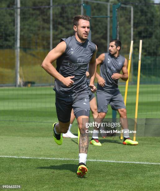 Aaron Ramsey of Arsenal during a training session at London Colney on July 6, 2018 in St Albans, England.