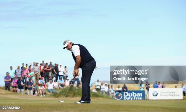 Darren Clarke of Northern Ireland putts on the ninth green during the second round of the Dubai Duty Free Irish Open at Ballyliffin Golf Club on July...