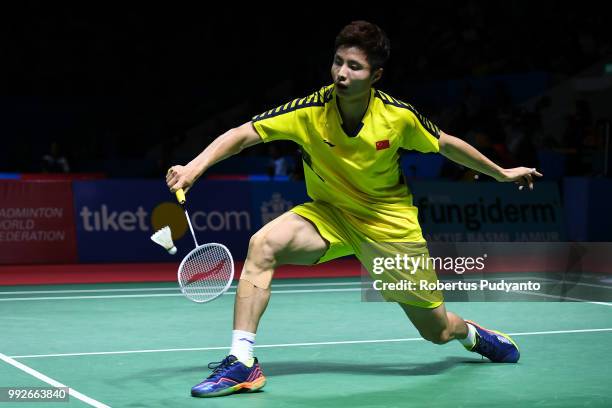 Shi Yuqi of China competes against Prannoy H.S. Of India during the Men's Singles Quarter-final match on day four of the Blibli Indonesia Open at...