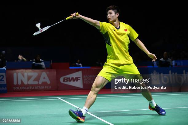 Shi Yuqi of China competes against Prannoy H.S. Of India during the Men's Singles Quarter-final match on day four of the Blibli Indonesia Open at...