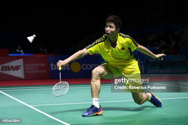 Shi Yuqi of China competes against Prannoy H.S. Of India during the Men's Singles Quarter-final match on day four of the Blibli Indonesia Open at...