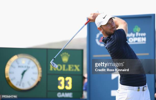 Chris Wood of England tees off on the first hole during the second round of the Dubai Duty Free Irish Open at Ballyliffin Golf Club on July 6, 2018...