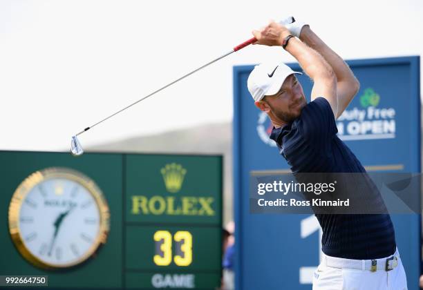 Chris Wood of England tees off on the first hole during the second round of the Dubai Duty Free Irish Open at Ballyliffin Golf Club on July 6, 2018...