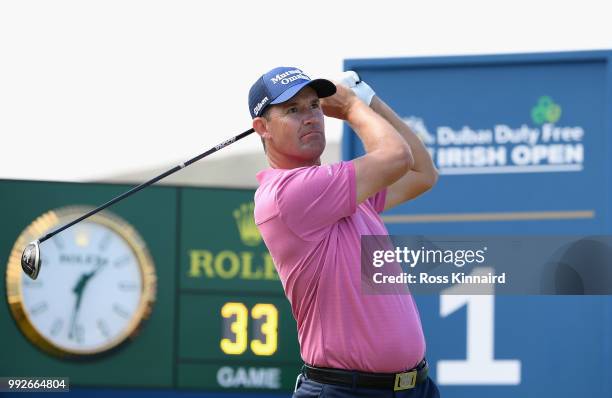 Padraig Harrington of Ireland tees off on the first hole during the second round of the Dubai Duty Free Irish Open at Ballyliffin Golf Club on July...