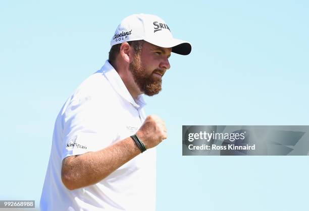 Shane Lowry of Ireland celebrates on the ninth green during the second round of the Dubai Duty Free Irish Open at Ballyliffin Golf Club on July 6,...