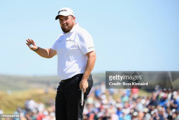 Shane Lowry of Ireland celebrates on the ninth green during the second round of the Dubai Duty Free Irish Open at Ballyliffin Golf Club on July 6,...